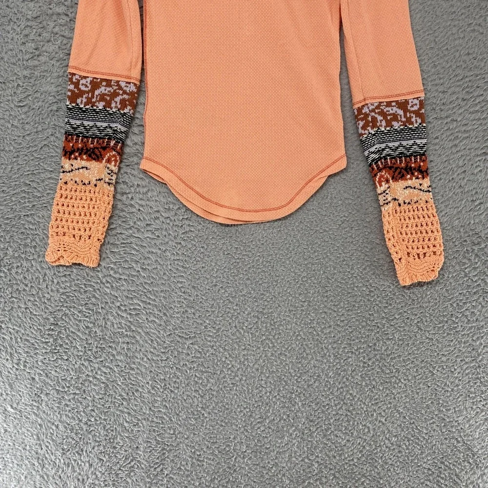 Free People Thermal Top Womens XS Crochet Fair Isle Sleeve Cozy Waffle Boho